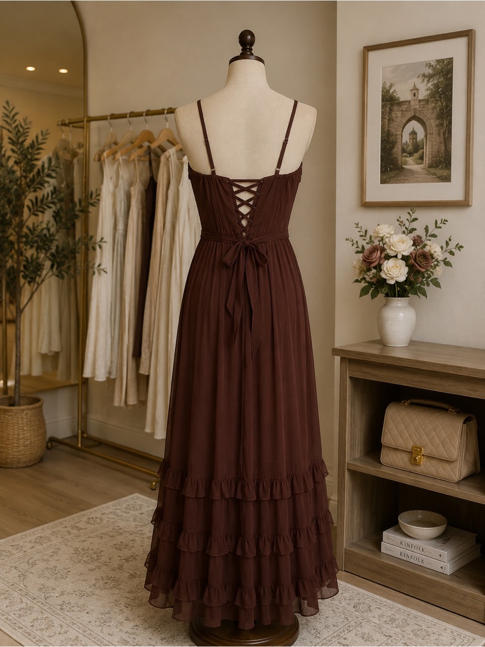 Elegant Chocolate Brown Ruffle Maxi Dress, Size 12 - Picture 2 of 4